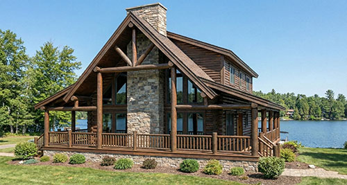 3d rendering of rustic lakeside home exterior angled 3d rendering of rustic lakeside home exterior angled