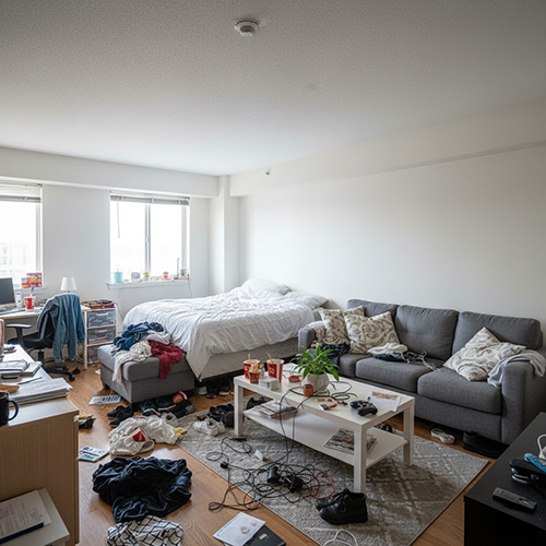 Cluttered living room before virtual decluttering